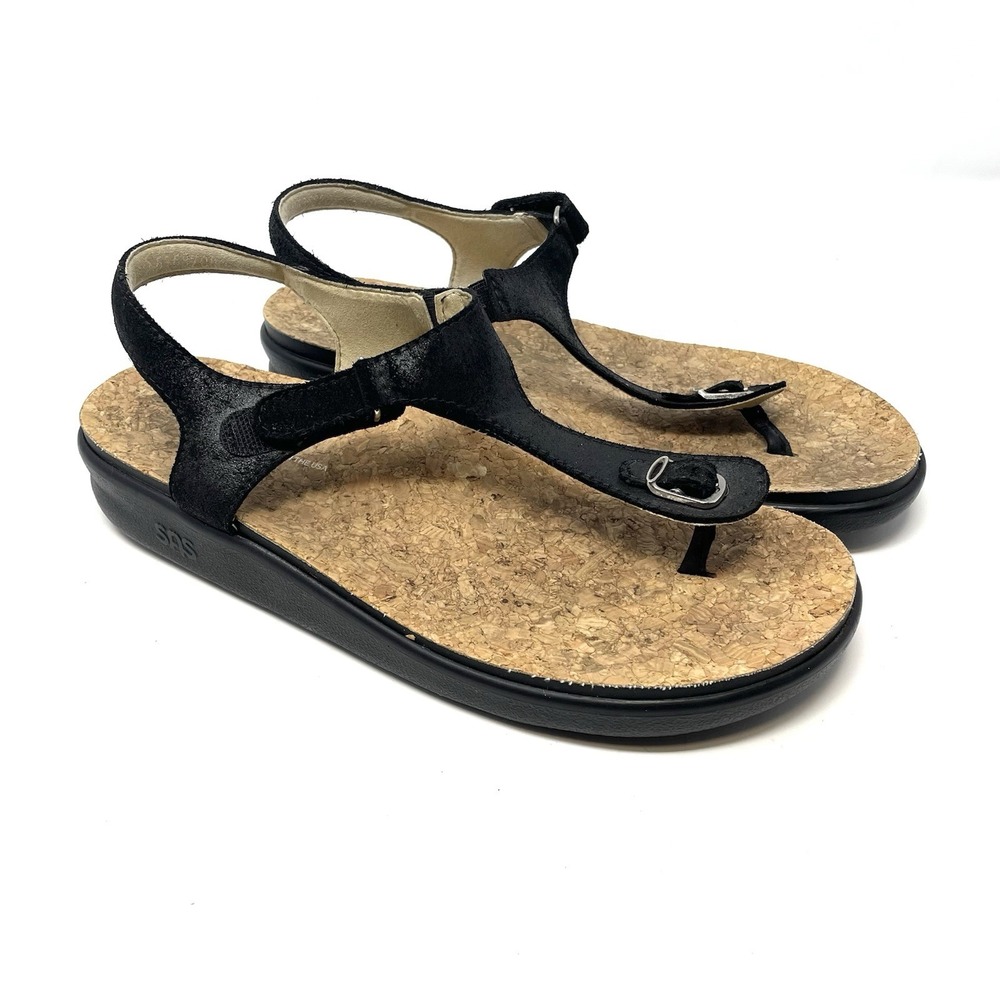SAS Tripad Comfort Marina T-Strap Sandals Women's Black Leather Cork‎ Insole 9.5